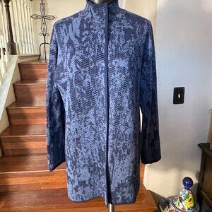 Pure Jill Blue Textured Knit Cardigan Sweater M Long- Buttons Mock Neck Pockets